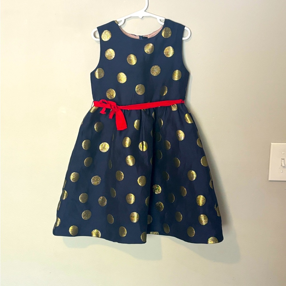 Mini Boden Holiday Dress navy with gold polka dots Size 6-7